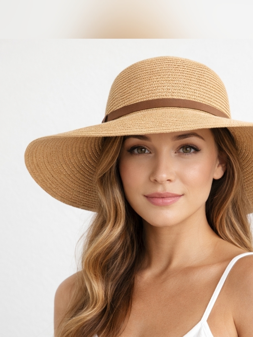 Nordstrom Tan Braided Straw Sun Hat Dark Brown Band Adjustable Floppy Packable